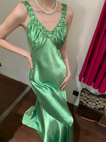 Vintage Mermaid V Neck Beaded Green Satin Long Prom Dress Party Dress HZ1023